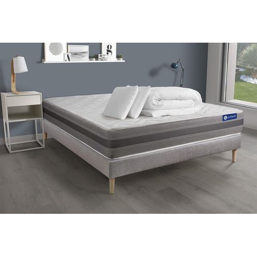 Pack Prêt A Dormir Matelas Actiflex Relax Ressorts Ensaches+Memoire De Forme 160x200 + Sommier Kit Gris + 2oreillers+Couette