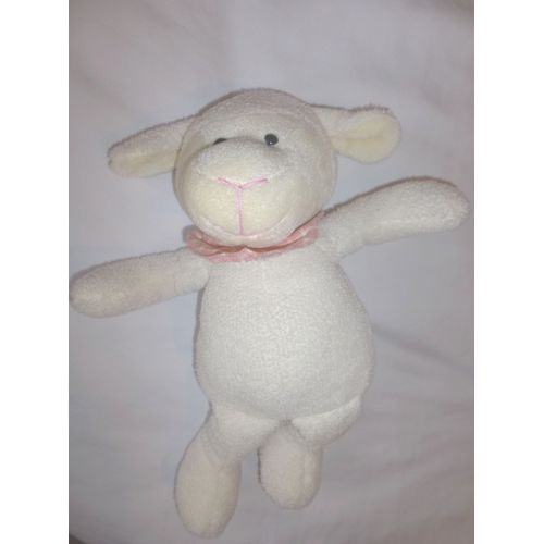 Peluche Doudou Mouton Agneau Tradinal Blanc Crème Écru Foulard Bandana Rose 32cm