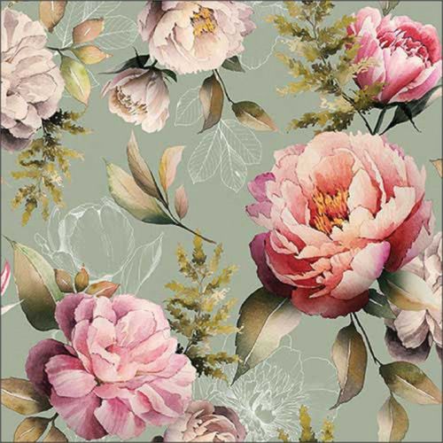 20 SERVIETTES PAPIER FLEURS PIVOINES 33CM VERT