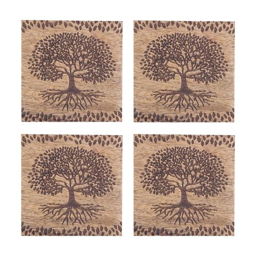 4 Sous-Verres Arbre De Vie En Bois Sculpté
