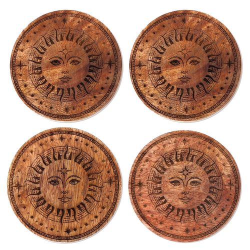 Set De 4 Sous-Verres Rond Soleil En Bois Sculpté
