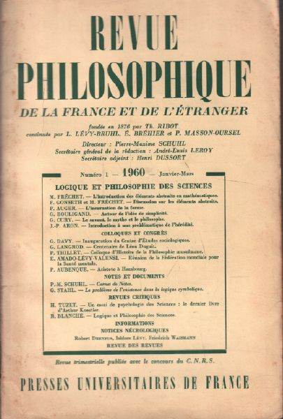 Revue Philosophique/ Janvier -Mars 1960 / Logique Et Philosophie Des Sciences