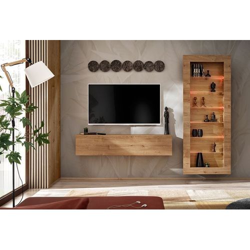 Komodee Meuble Tv Avec Vitrine Suspendue Como - Chene - Miel Truffe - Led Rgb - 211 X 178 X 23 Cm