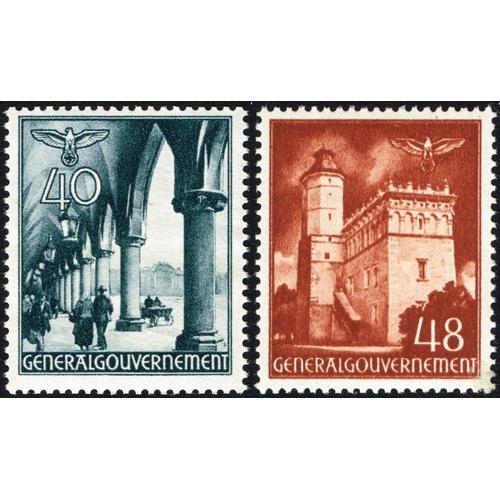 Pologne 1940 / 1941, Occupation Allemande, General Gouvernement, Beaux Timbres Neufs* Yvert 63 Et 63a, Arcades De La Halle Aux Draps De Cracovie Et Hotel De Ville De Sandomir.