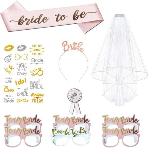 Evjf Accessoire Enterrement De Vie De Jeune Fille, Bride To Be Decoration, Diademe Mariage¿Voile Mariée¿Badge Evjf¿Team Bride Accessoire, Photobooth Evjf Rose Gold Couleur 11 Pcs