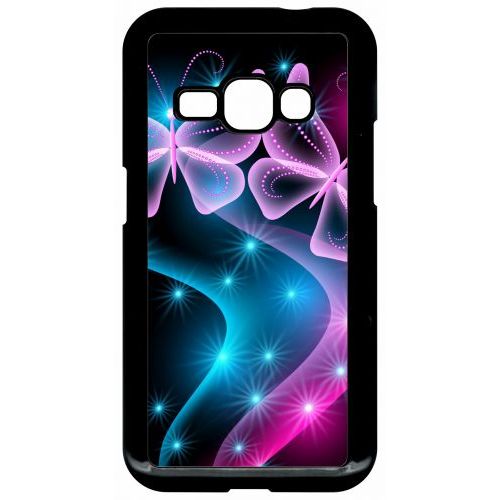 Coque Pour Smartphone - Papillons Roses - Compatible Avec Samsung Galaxy J1 (2016) - Plastique - Bord Noir