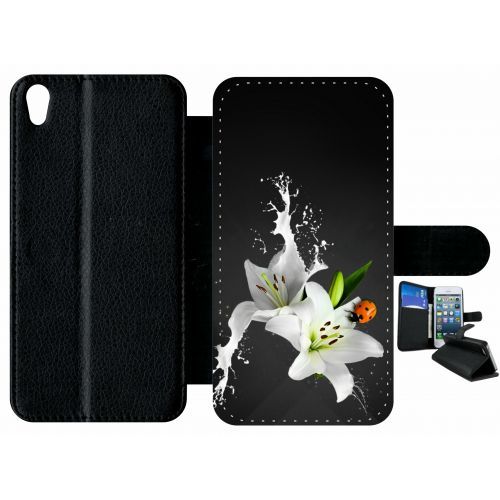 Etui À Rabat Xperia Xa - Lys Blanc Coccinelle Sur Fond Gris - Simili-Cuir - Noir