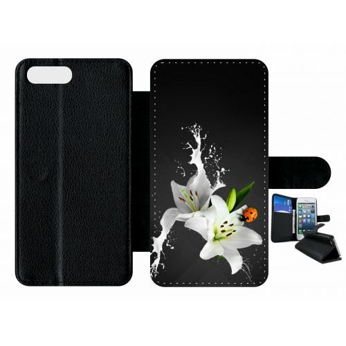 Etui A Rabat - Lys Blanc Coccinelle Sur Fond Gris - Compatible Avec Apple Iphone 7 Plus - Plastique - Bord Noir