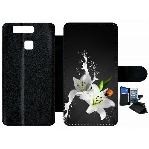 Etui A Rabat - Lys Blanc Coccinelle Sur Fond Gris - Compatible Avec Huawei P9 - Plastique - Bord Noir