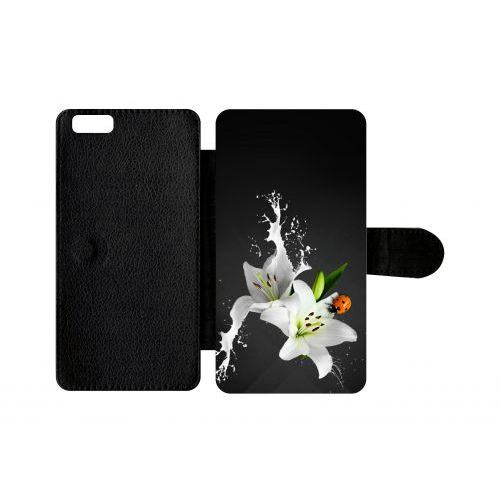Etui A Rabat - Lys Blanc Coccinelle Sur Fond Gris - Compatible Avec Apple Iphone 6 Plus - Plastique - Bord Noir