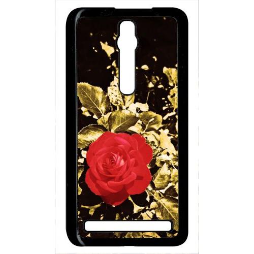 Coque Pour Smartphone - Rose Et Feuille D'or - Compatible Avec Asus Zenfone 2 Ze551ml - Plastique - Bord Noir