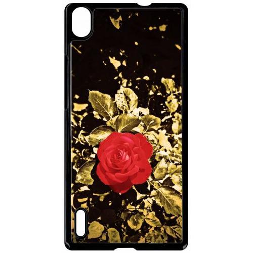 Coque Pour Smartphone - Rose Et Feuille D'or - Compatible Avec Huawei Ascend P7 - Plastique - Bord Noir