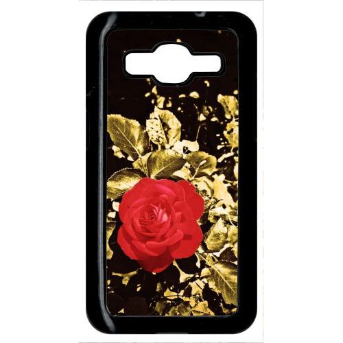 Coque Pour Smartphone - Rose Et Feuille D'or - Compatible Avec Samsung Galaxy Core Prime - Plastique - Bord Noir