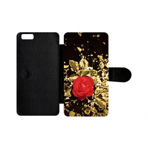 Etui A Rabat - Rose Et Feuille D'or - Compatible Avec Apple Iphone 6 Plus - Plastique - Bord Noir