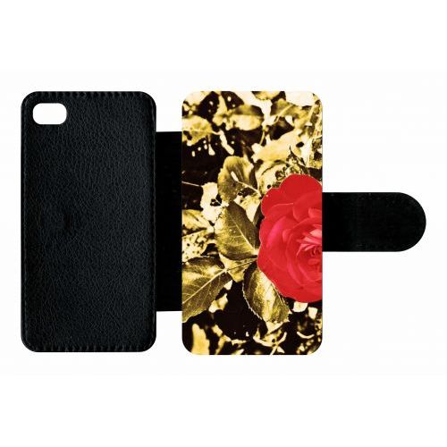 Etui A Rabat - Rose Et Feuille D'or - Compatible Avec Apple Iphone 4s - Plastique - Bord Noir