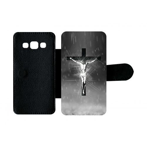 Etui A Rabat - Jésus Croix Noir Et Blanc - Compatible Avec Samsung Galaxy A3 - Plastique - Bord Noir