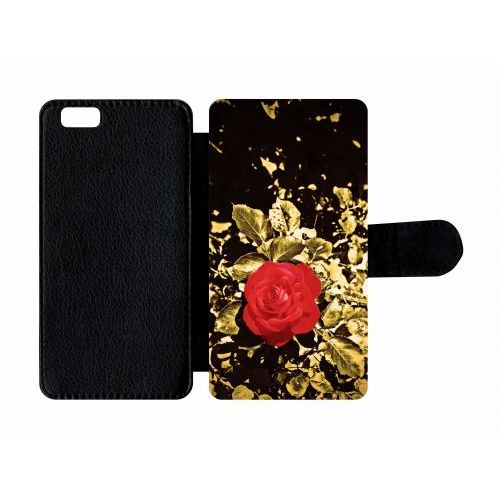 Etui A Rabat - Rose Et Feuille D'or - Compatible Avec Apple Iphone 6 - Plastique - Bord Noir