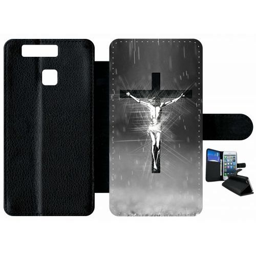 Etui A Rabat - Jésus Croix Noir Et Blanc - Compatible Avec Huawei P9 - Plastique - Bord Noir