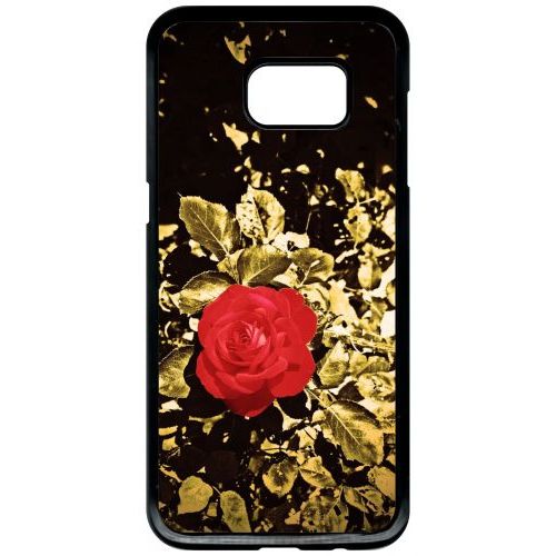 Coque Pour Smartphone - Rose Et Feuille D'or - Compatible Avec Samsung Galaxy S7 Edge - Plastique - Bord Noir