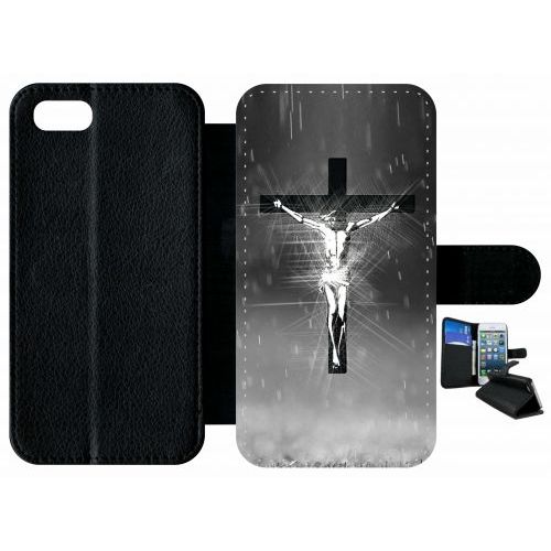 Etui A Rabat - Jésus Croix Noir Et Blanc - Compatible Avec Apple Iphone 7 - Plastique - Bord Noir