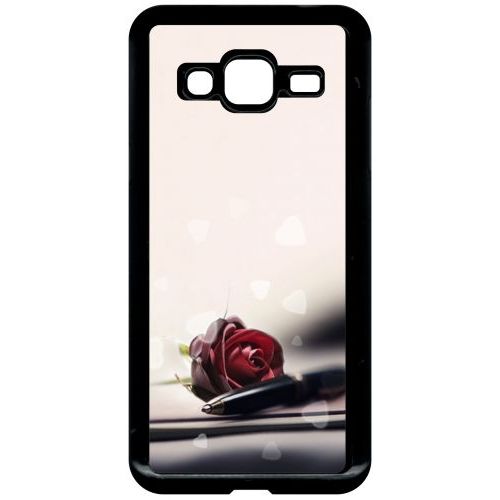 Coque Pour Smartphone - Stylo Rose Coeur - Compatible Avec Samsung Galaxy J3 - Plastique - Bord Noir