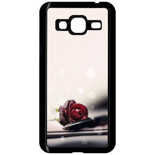 Coque Pour Smartphone - Stylo Rose Coeur - Compatible Avec Samsung Galaxy J3 - Plastique - Bord Noir