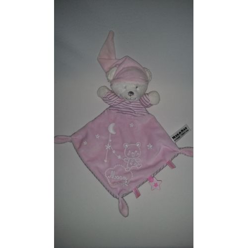 Doudou Plat Ours Ourson Oursonne Moon  Max & Sax Peluche Max And Sax Blanc Rose Rayé Gris Lune Étoile Bonnet Carrefour Plush Conforter Peluche Jouet Bebe Enfant 