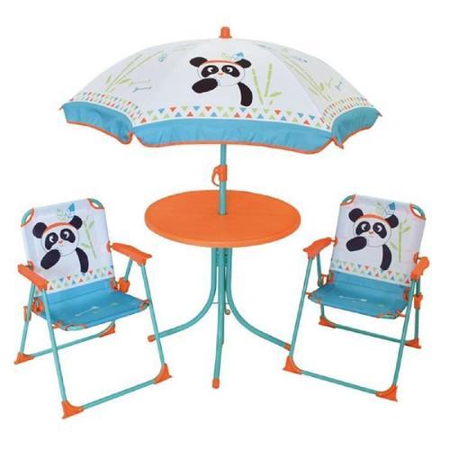 Fun House 713095 Indian Panda Salon De Jardin Avec Une Table. 2 Chaises Pliables Et Un Parasol Pour Enfant