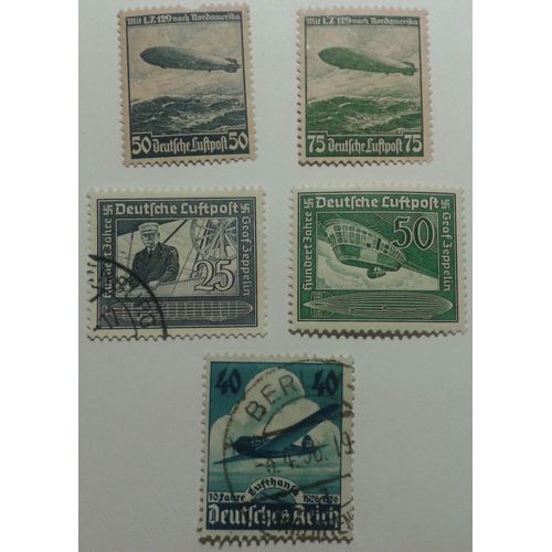 Lot 5 Timbres Allemagne 1936-38 Troisième Reich Poste Aérienne N°54 (Ob), 55 (Trace Char), 56 (Trace Char), 57 (Ob), 58 (Trace Char)