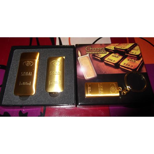 Coffret Briquet Rechargeable , Porte Clé & Cendrier De Poche Doré A L Or Fin