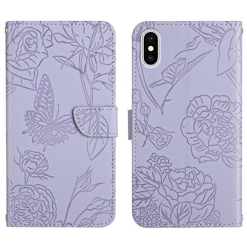 Étui Pour Iphone Xs Max Étui En Cuir Antichoc Avec Sangle De Poignet Fleurs Et Papillons Protection Anti-Chute Couverture En Cuir Pu - Violet