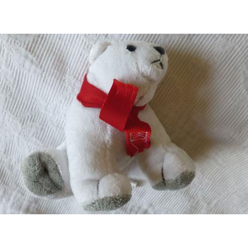 Doudou Peluche Ours Polaire Blanc & Gris Écharpe Rouge Chevrons Citroen Martphil 13 Cm De Haut