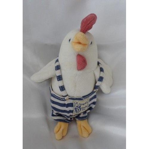 Doudou Peluche Poule Séraphin Ecru Salopette Rayures Bleu Gris Moulin Roty