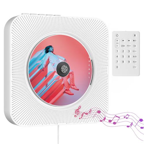 Lecteur CD Mural Bluetooth avec Haut-parleurs Hi-FI,Lecteur CD Portable pour la Maison Radio FM/USB/Prise Casque Entrée AUX avec télécommande, Lecteur CD de Musique Portable