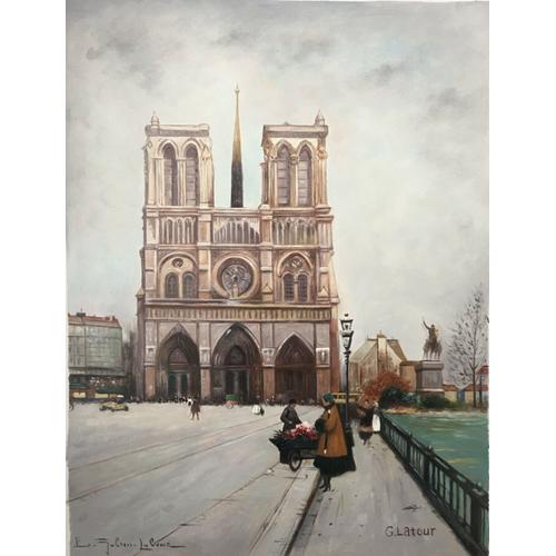 Scène De Rue Paris Notre Dame Tableau Peinture Huile Sur Toile Signée