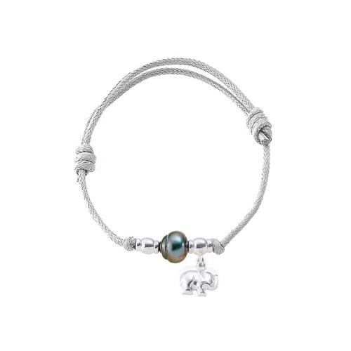 Bracelet Ajustable Femme Perle De Tahiti, Eléphant En Argent Massif 925 Et Coton Ciré Blanc - Blue Pearls Bps 0239 W Ajustable