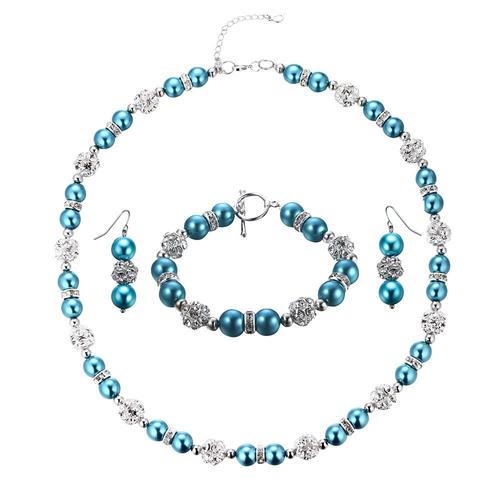 Parure Collier, Bracelet Et Boucles D'oreilles Perles Bleues, Cristal Et Plaqué Rhodium - Blue Pearls Ocp 0601 Bleu Ajustable