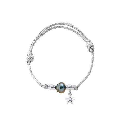 Bracelet Ajustable Femme Perle De Tahiti, Etoile En Argent Massif 925/1000 Et Coton Ciré Blanc - Blue Pearls Bps 0240 W Ajustable