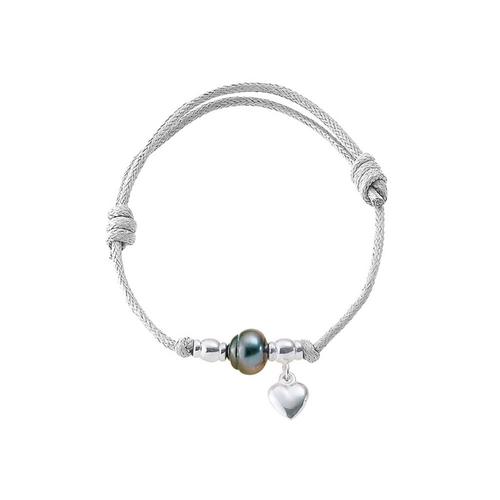 Bracelet Ajustable Femme Coeur En Argent Massif 925, Perle De Tahiti Et Coton Ciré Blanc - Blue Pearls Bps 0235 W Ajustable