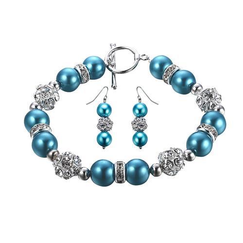 Parure Bracelet Et Boucles D'oreilles Perles Bleues, Cristal Et Plaqué Rhodium - Blue Pearls Ocp 0701 Bleu Unique