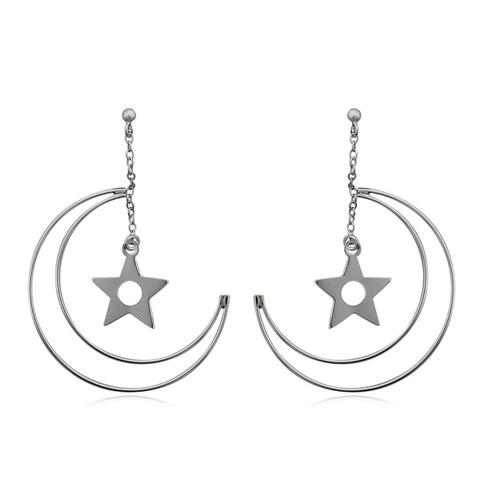 Boucles D'oreilles Pendantes Lune Et Etoile En Argent 925 - Crystal Pearl Cry 8390 T Unique