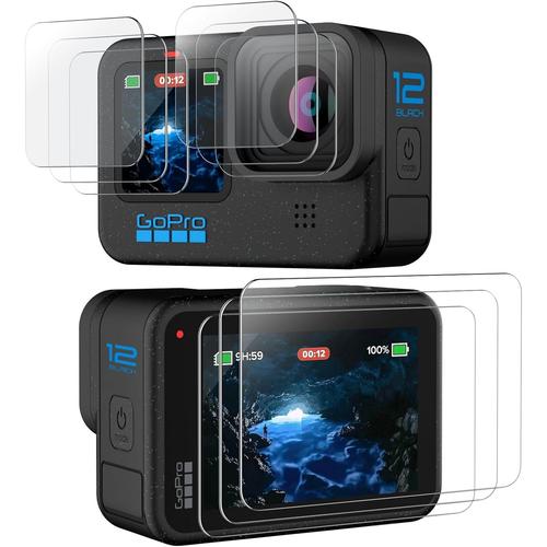 Protection d'écran pour GoPro Hero 12/11/10/9 Black avec protecteur d'objectif de caméra, film en verre trempé, installation facile, HD transparent, 3 pièces chacun.