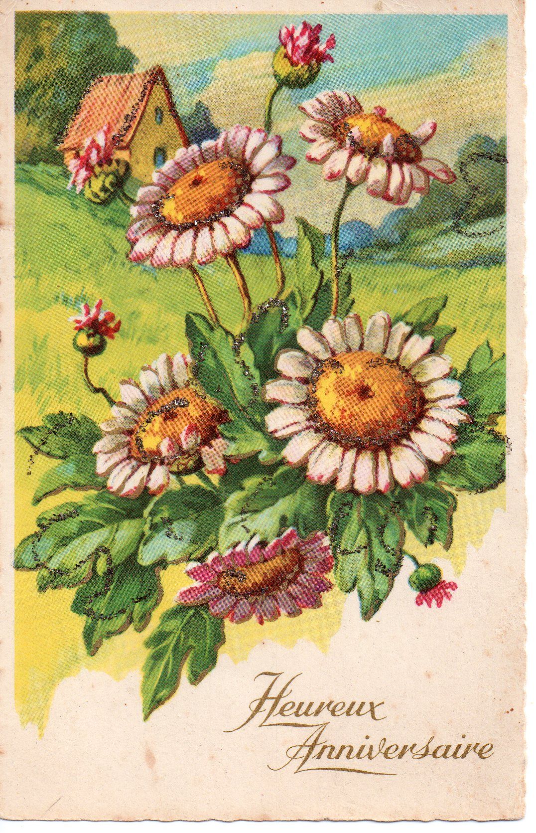 Marguerites Heureux Anniversaire Carte Ancienne Fleurs Avec Incrustations Rakuten