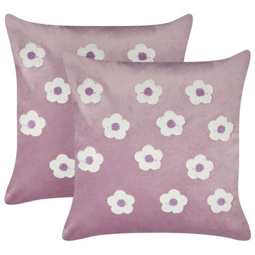 Lot De 2 Coussins Décoratifs Avec Motifs Brodés Fleurs 45 X 45 Cm En Velours Violet Echinacea