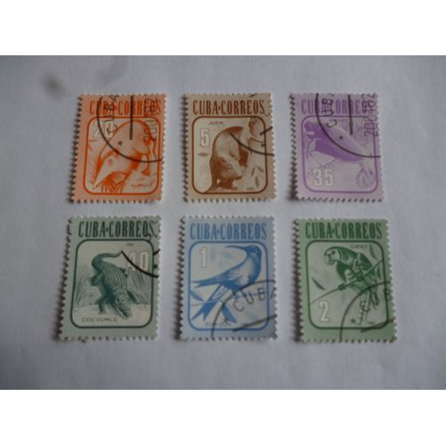 Lot De 6 Timbres Cuba 1981 :Crocodile,Zun-Zun,Perroquet,Jutia,Almiqui,Manati.