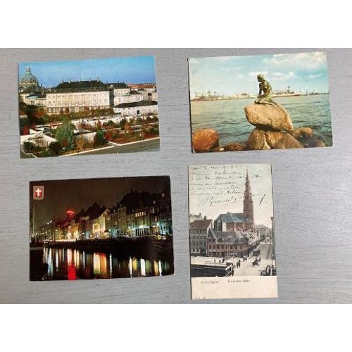 Danemark : 4 Cartes Postales (Avec Correspondance, Dont Sont Affranchies, 1906/61) / 1 Enveloppe Timbrée (1988) / 14 Timbres Oblitérés (Dont 3 Sur Coin D'enveloppe Non Oblitéré)