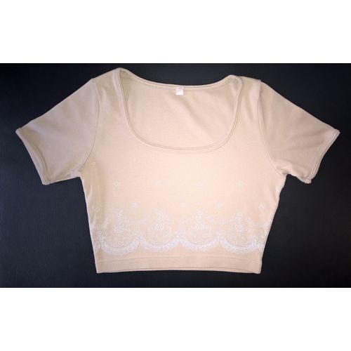 Top Court Polyester 40 Beige Imprimé Fleuri Blanc