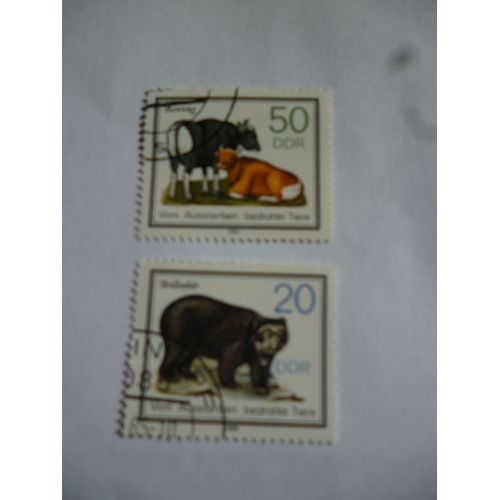 Lot De 2 Timbres Ddr Allemagne De L'est 1985 :Vaches Et Ours :Animaux Protégés