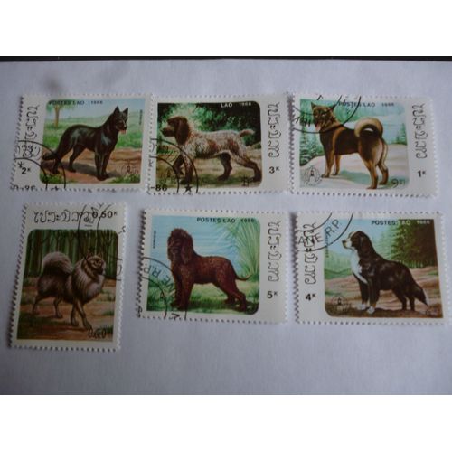 Lot De 6 Timbres Laos 1986 :Griffon,Irish Man,Sheep Dogs Bernese Etc.