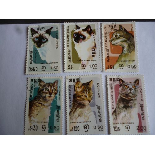 Lot De 6 Timbres Cambodge :Chats Domestiques.
